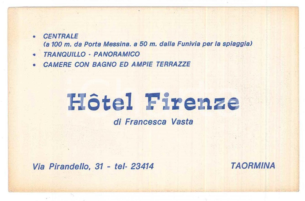 Oggetto da collezione cartaceo 1955 ca TAORMINA Hotel Firenze di Francesca VASTA Biglietto da visita 10x7 cm 1