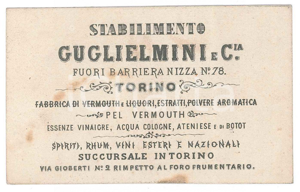 Oggetto da collezione cartaceo 1900 ca TORINO Stabilimento GUGLIELMINI E C. Vermouth e liquori  Biglietto 1