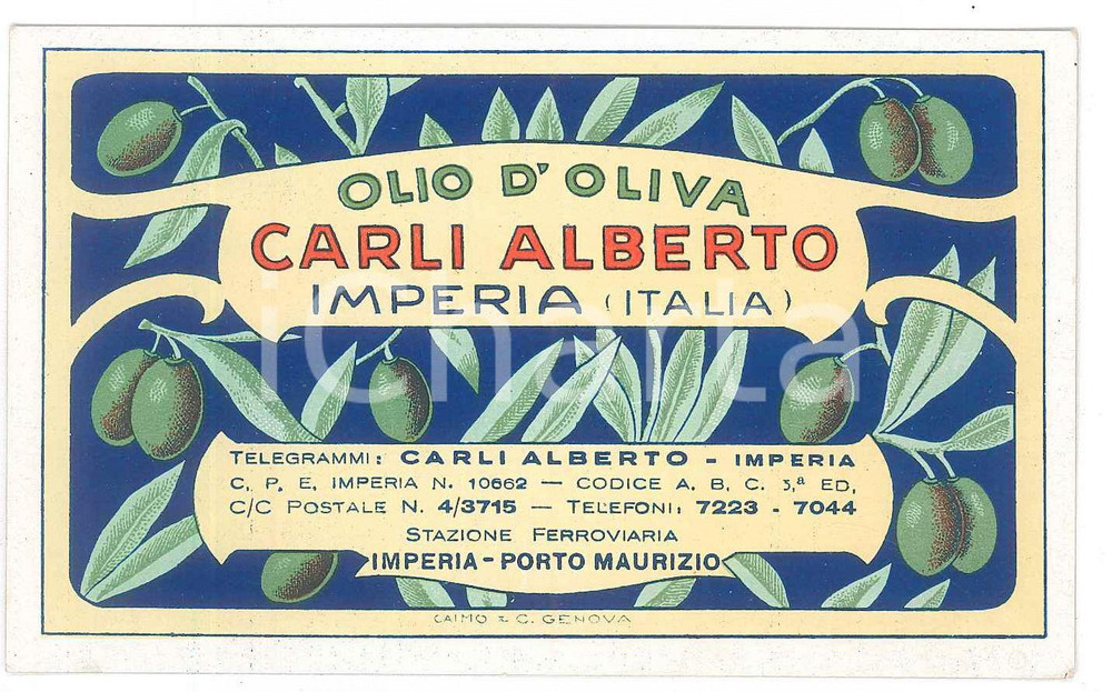 Materiale pubblicitario d’epoca 1950 ca IMPERIA Olio d oliva Alberto CARLI Etichetta ILLUSTRATA 11x7 cm 4 1