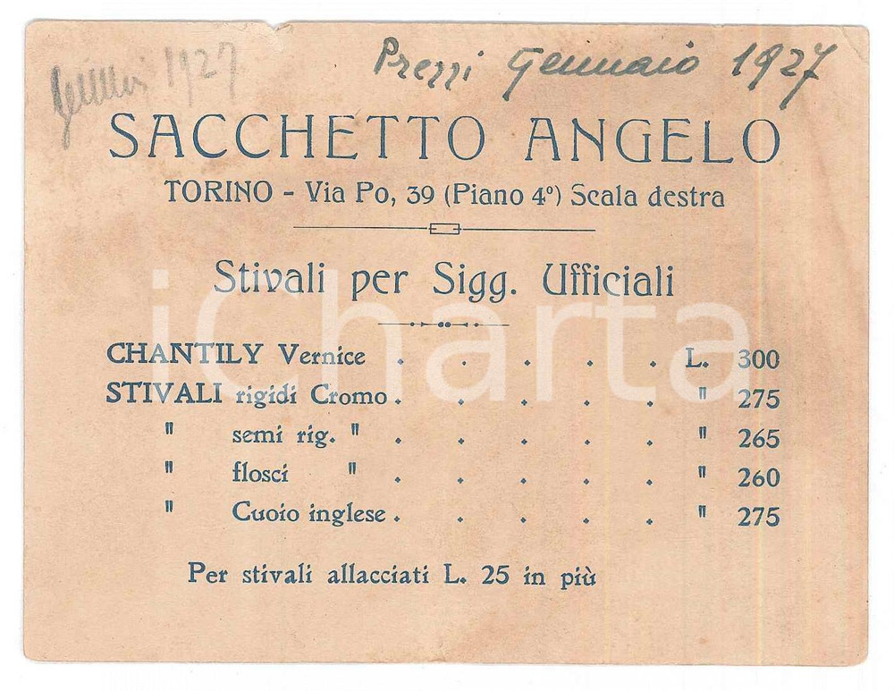 Oggetto da collezione cartaceo 1927 TORINO Angelo SACCHETTO Stivali per ufficiali  Biglietto con prezzario 1