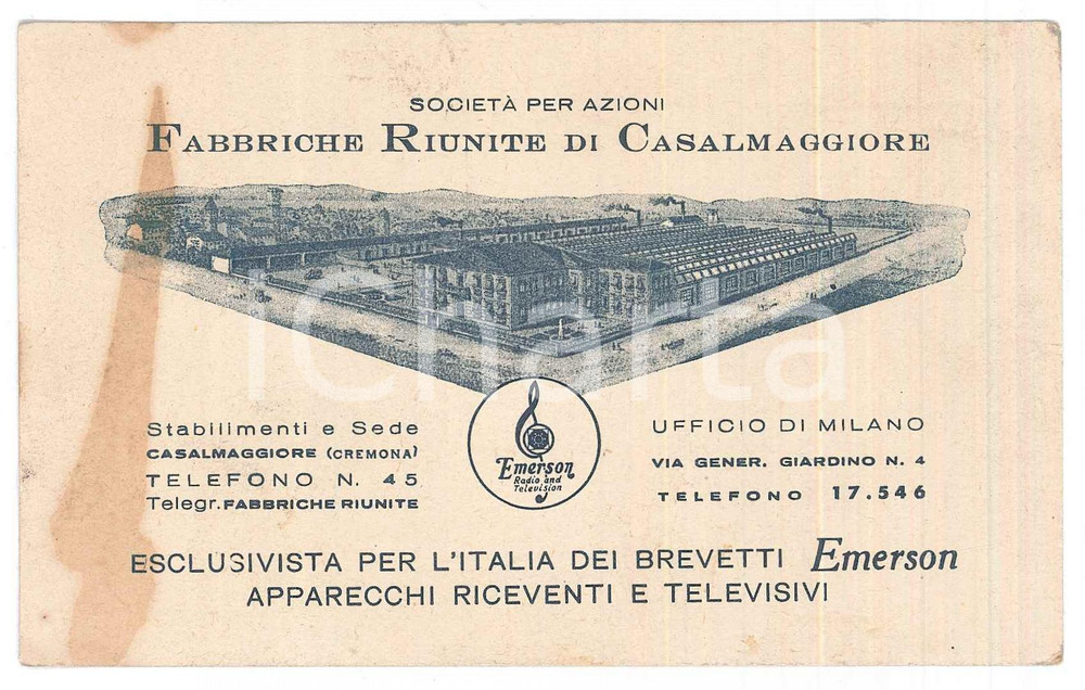 Oggetto da collezione cartaceo 1950 ca CASALMAGGIORE Fabbriche riunite  Radio e televisori EMERSON Biglietto 1