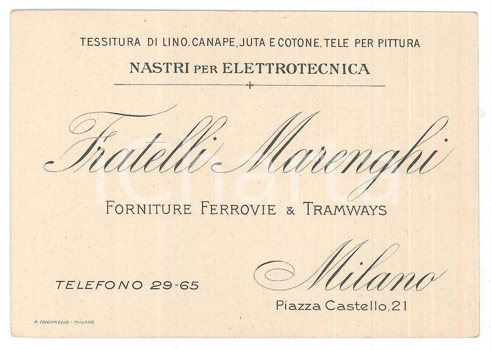 Oggetto da collezione cartaceo 1920 ca MILANO Fratelli MARENGHI Forniture tele ferrovie e tramways  Biglietto 1