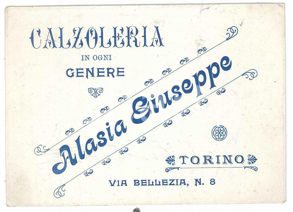 Oggetto da collezione cartaceo 1920 ca TORINO Via Bellezia 8 Calzoleria Giuseppe ALASIA Biglietto 12x8 cm 1