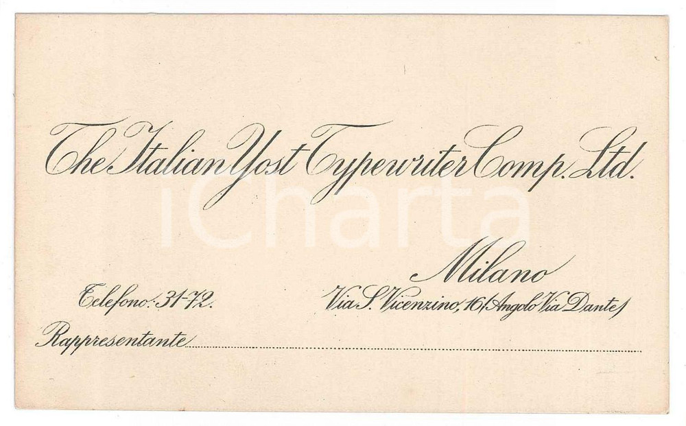 Oggetto da collezione cartaceo 1910 ca MILANO The italian YOST TYPEWRITER Company  Biglietto 12x7 cm 1