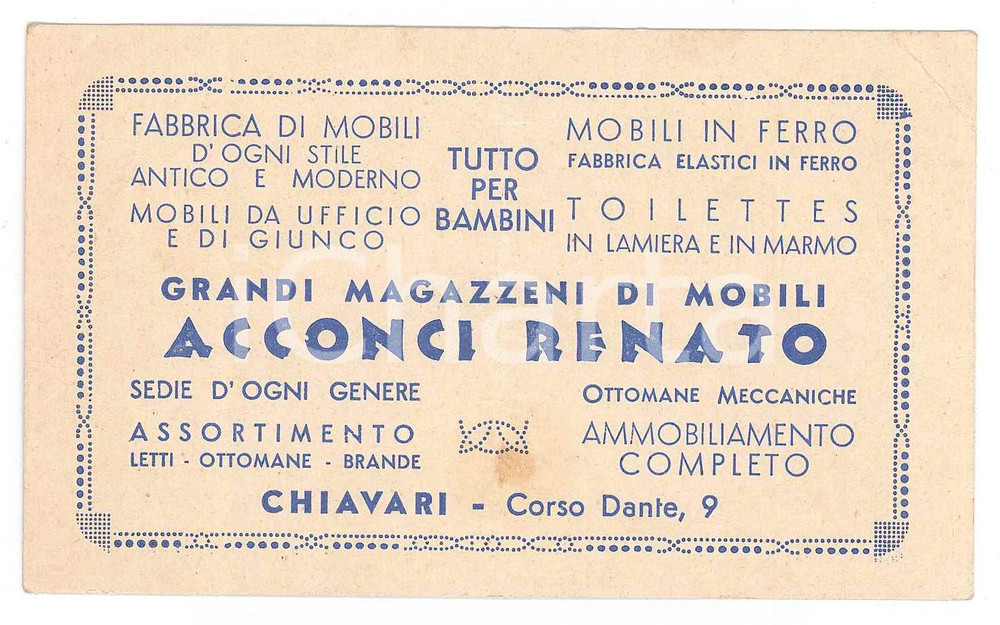 Oggetto da collezione cartaceo 1930 ca CHIAVARI Renato ACCONCI Grandi magazzeni di mobili  Biglietto 11x7 cm 1