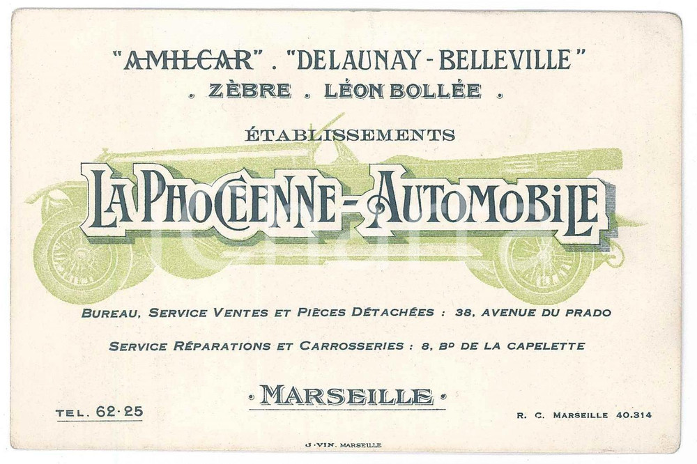 Oggetto da collezione cartaceo 1920 ca MARSEILLE La Phoceenne Automonile AMILCAR Delaunay  Belleville 13x9 cm 1