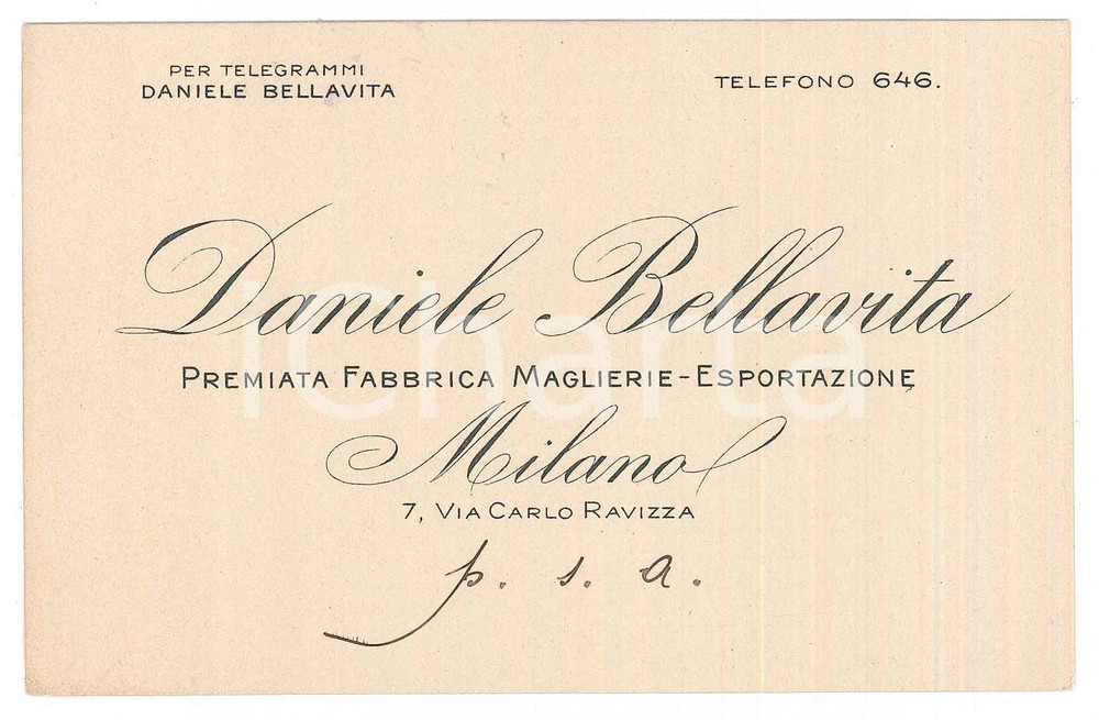 Oggetto da collezione cartaceo 1920 ca MILANO Daniele BELLAVITA Premiata fabbrica maglierie  Biglietto 13x8 cm 1