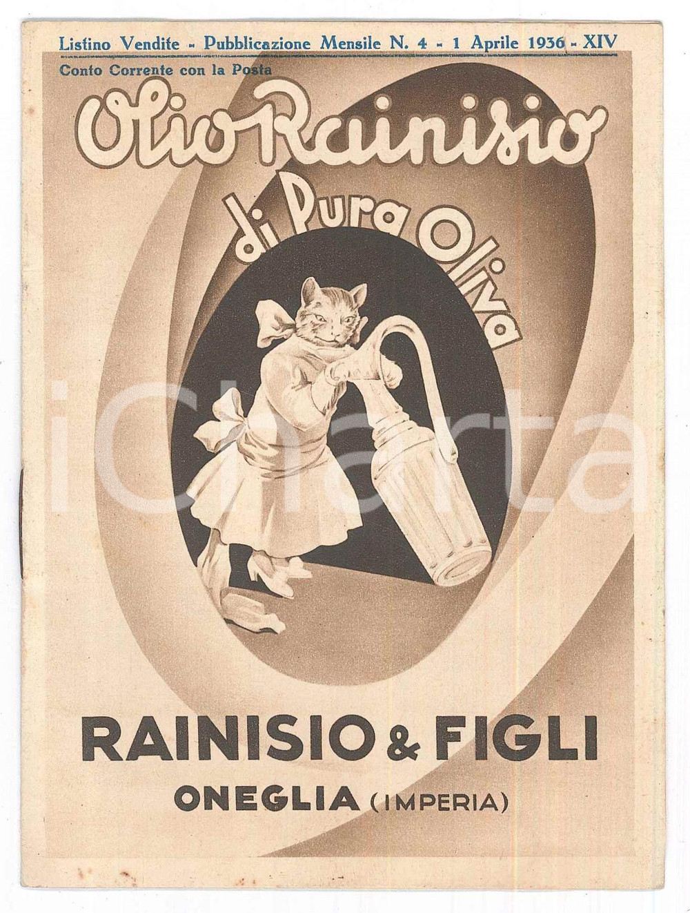 Materiale pubblicitario d’epoca 1936 IMPERIA ONEGLIA  RAINISIO 6 Figli olio d oliva  Biglietto listino prezzi 1