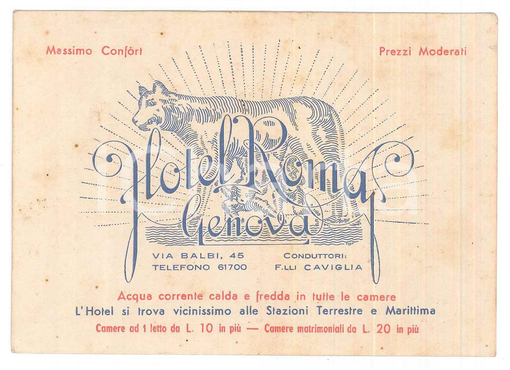 Oggetto da collezione cartaceo 1930 ca GENOVA Hotel Roma dei Fratelli CAVIGLIA Biglietto da visita 12x8 cm 1