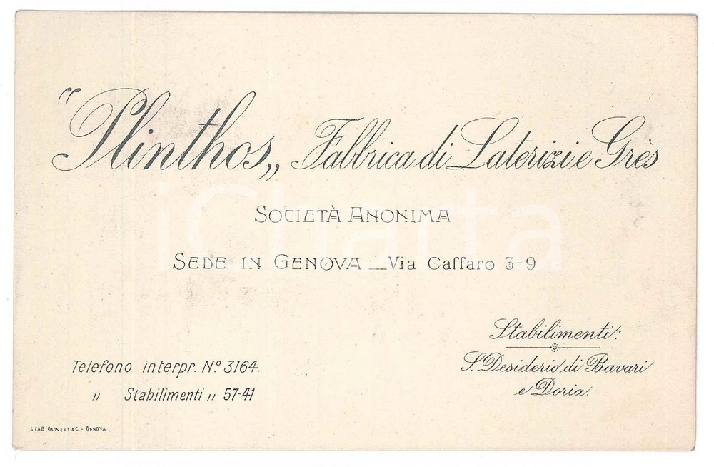 Oggetto da collezione cartaceo 1910 ca GENOVA  SAN DESIDERIO DI BAVARI Fabbrica laterizi PLINTHOS Biglietto 1