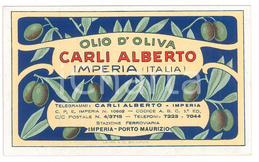 Materiale pubblicitario d’epoca 1950 ca IMPERIA Olio d oliva Alberto CARLI Etichetta ILLUSTRATA 11x7 cm 1 1