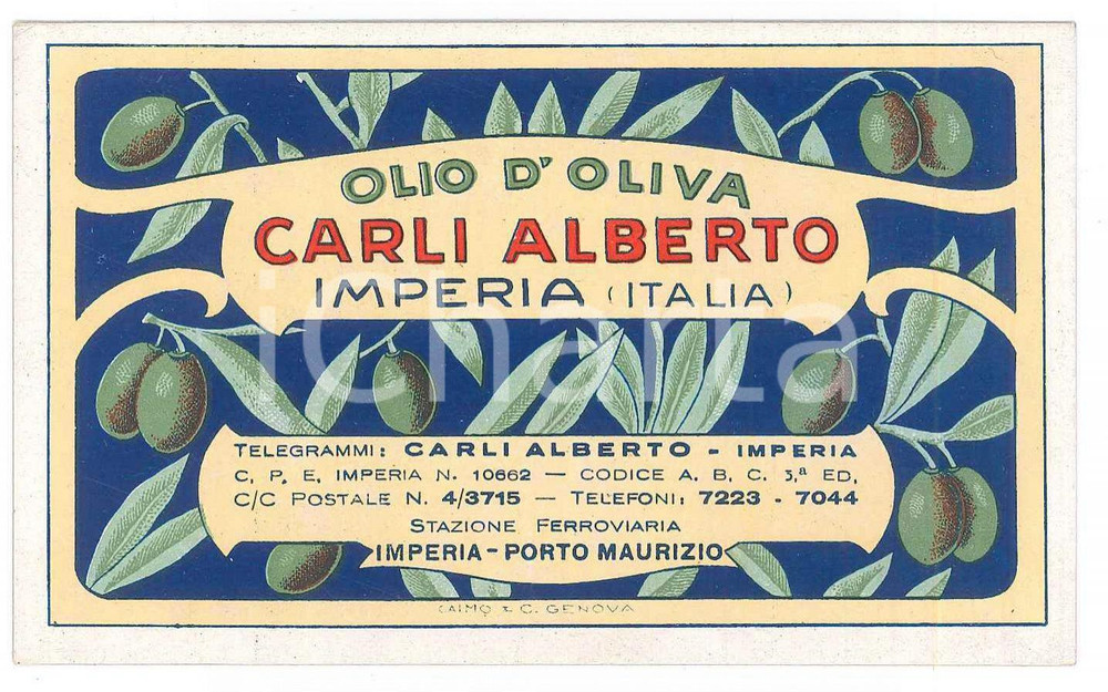 Materiale pubblicitario d’epoca 1950 ca IMPERIA Olio d oliva Alberto CARLI Etichetta ILLUSTRATA 11x7 cm 3 1