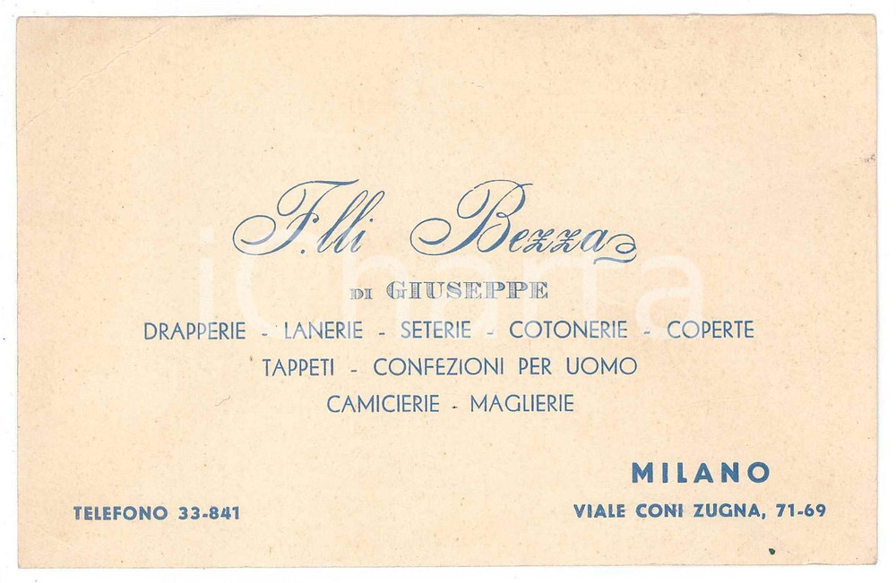 Oggetto da collezione cartaceo 1940 ca MILANO Fratelli BEZZA Drapperie, lanerie, seterie  Biglietto da visita 1