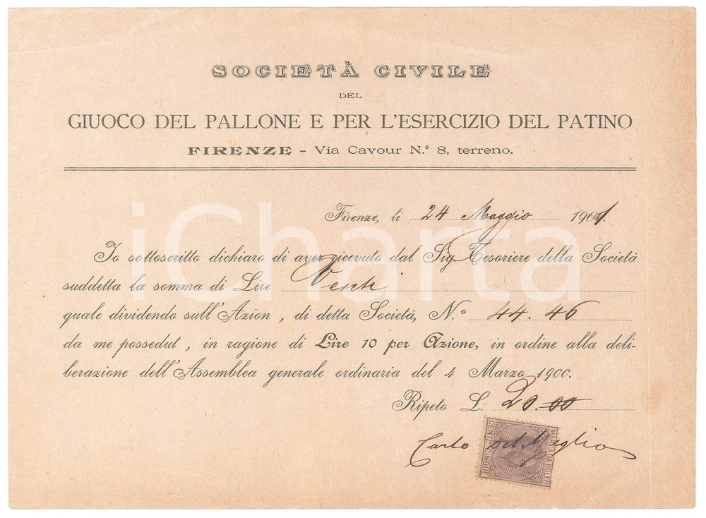 Documento originale, autentico 1901 FIRENZE SocietÃ  Giuoco Pallone e Patino  Ricevuta Carlo DEL MEGLIO 1