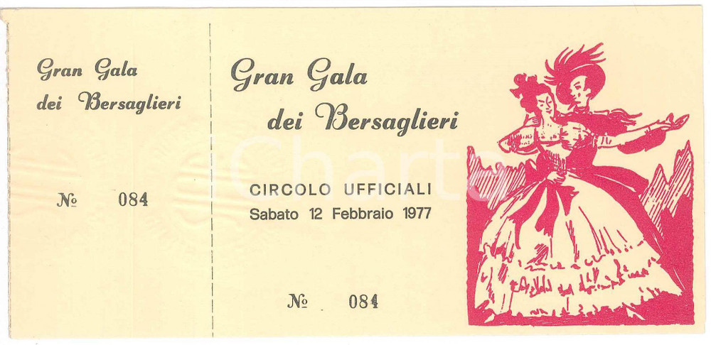 Oggetto da collezione cartaceo 1977 TORINO Circolo ufficiali GRAN GALA DEI BERSAGLIERI Biglietto 17x8 cm 1