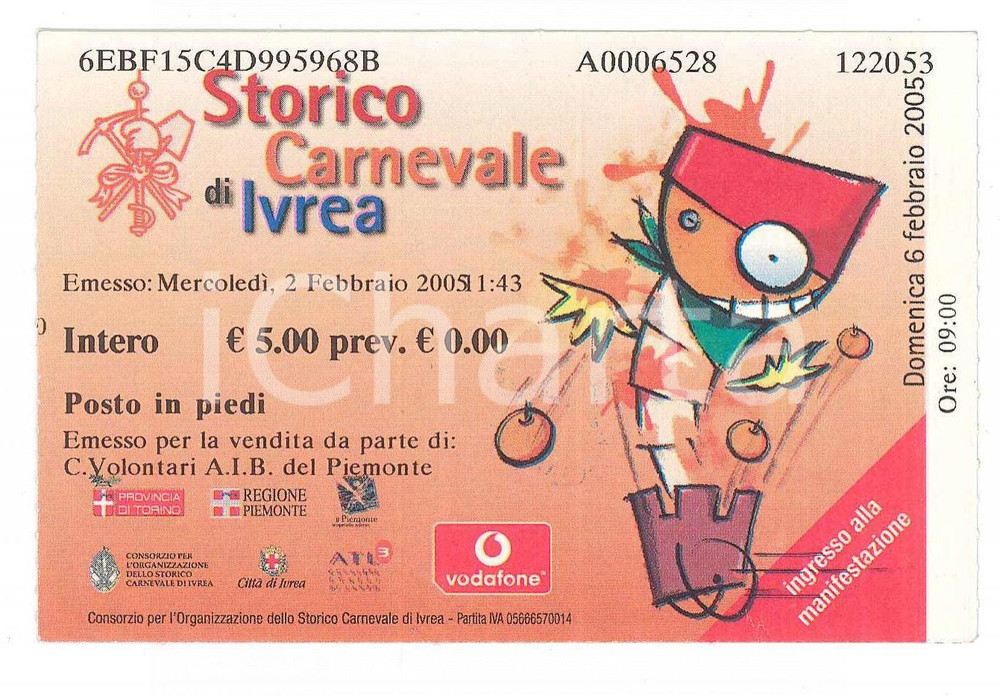 Oggetto da collezione cartaceo 2005 CARNEVALE DI IVREA Biglietto Volontari AIB del Piemonte  10x7 1 1