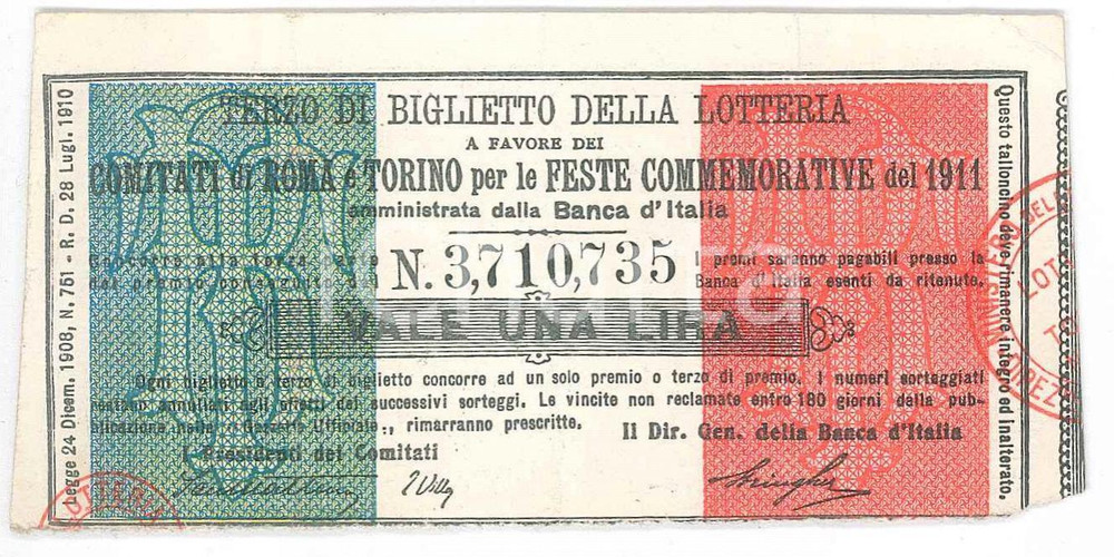Oggetto da collezione cartaceo 1911 REGNO D ITALIA Lotteria per festa della proclamazione  Terzo di biglietto 1