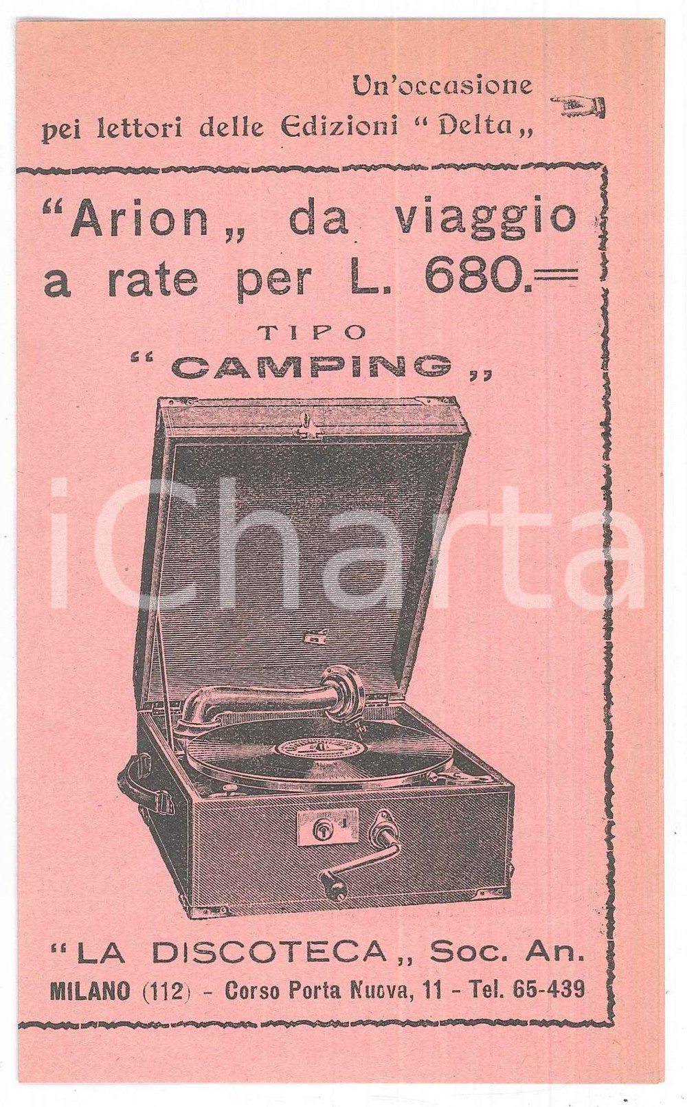 Oggetto da collezione cartaceo 1910 ca MILANO LA DISCOTECA Giradischi ARION da viaggio Pieghevole 1