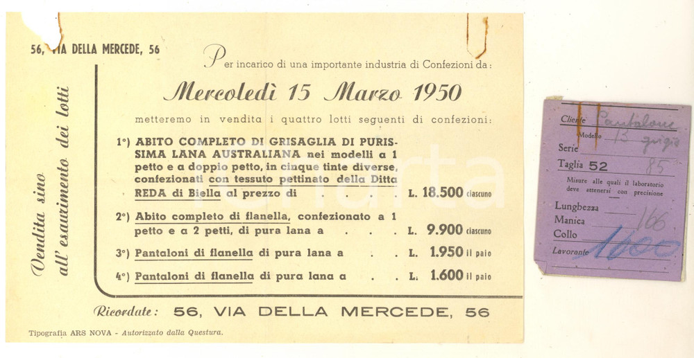 Materiale pubblicitario d’epoca 1950 ROMA ? Via della Mercede 56  Volantino vendita lotti di abiti 1