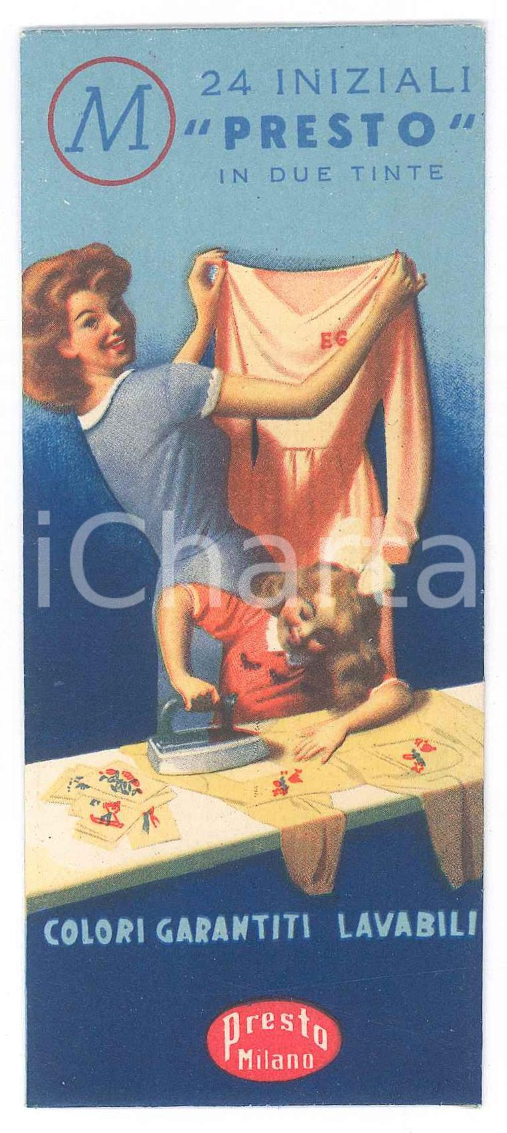 Oggetto da collezione cartaceo 1955 ca MILANO  PRESTO  24 iniziali in due tinte per tessuti  Lettera M 1