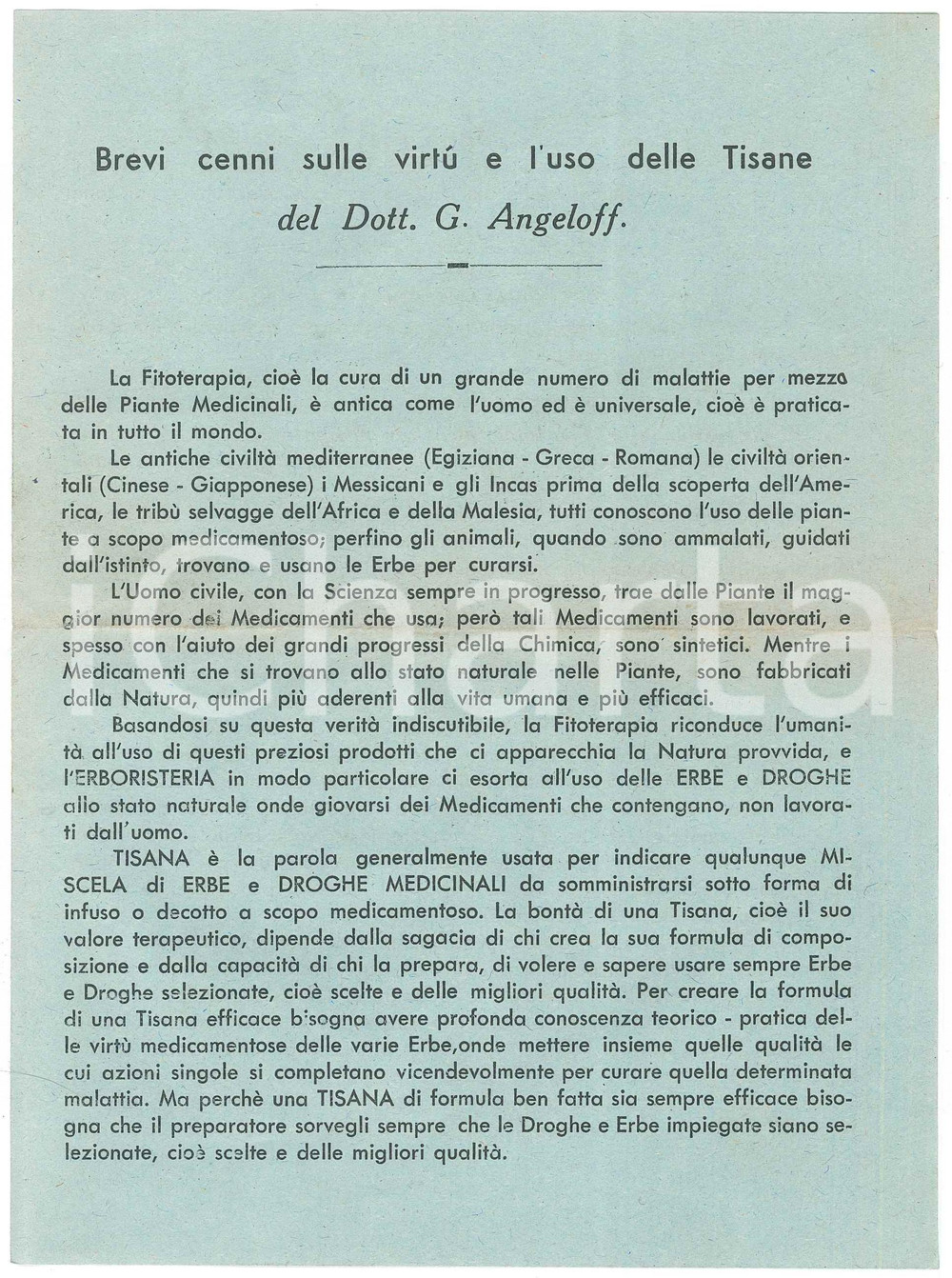 Materiale pubblicitario d’epoca 1950 ROMA  Farmaceutica TIBER  Tisane dott. G. ANGELOFF Volantino 1