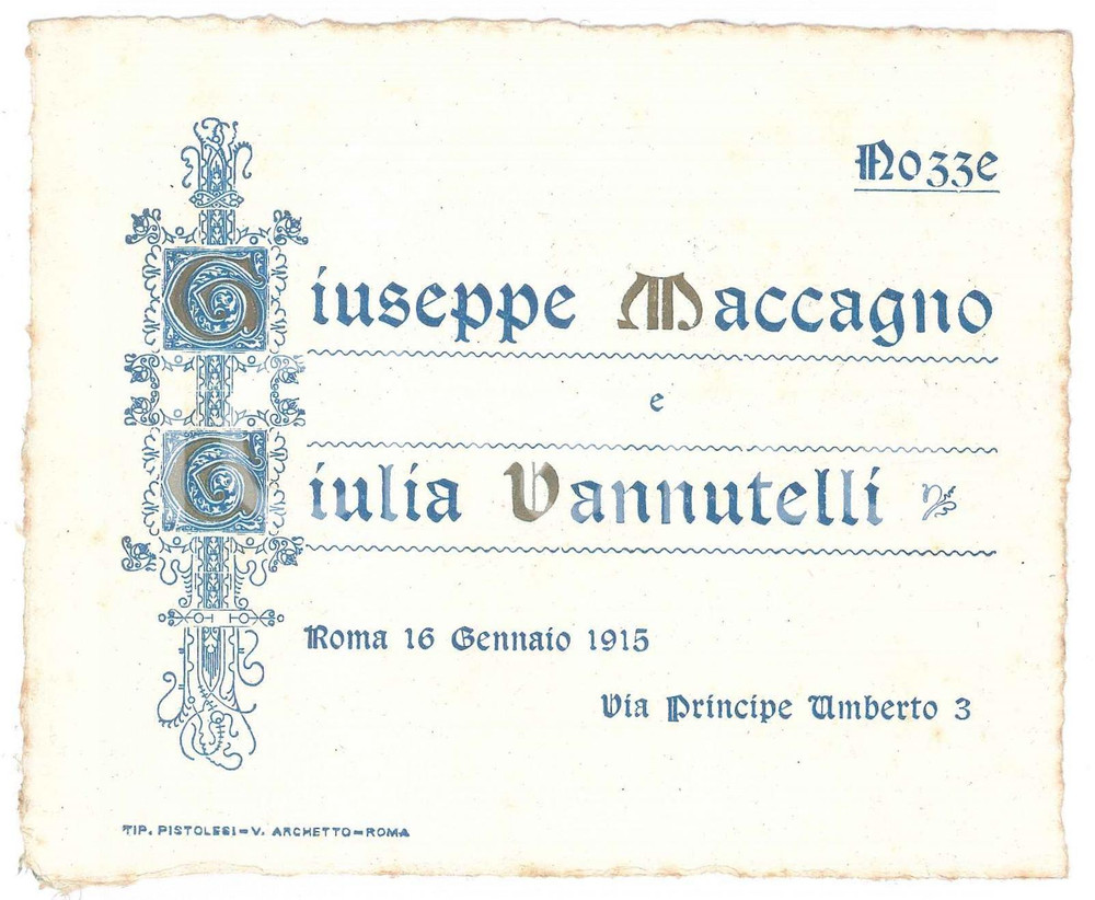 Oggetto da collezione cartaceo 1915 ROMA Giuseppe MACCAGNO Giulia VANNUTELLI Partecipazione nozze 1