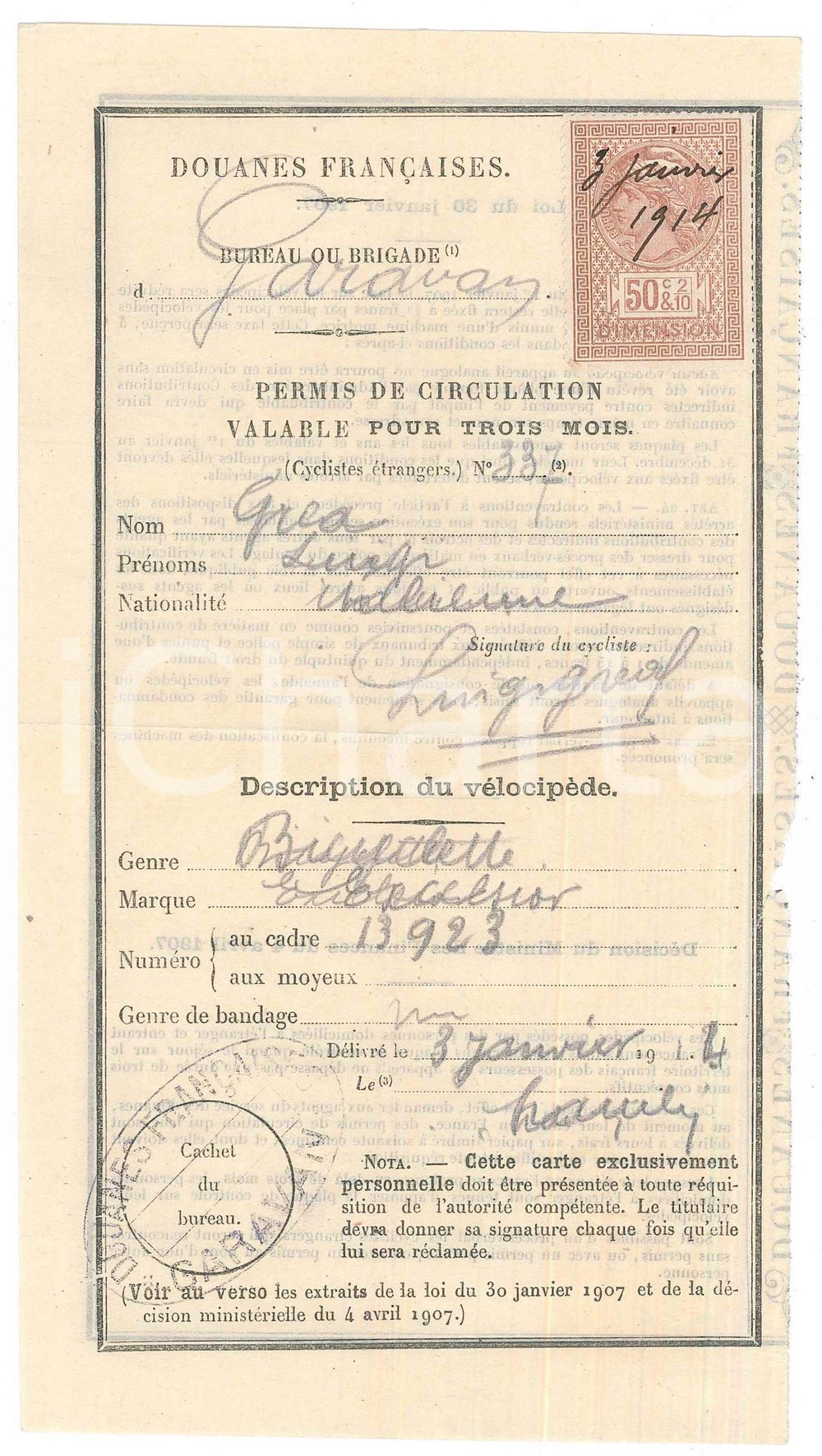 Oggetto da collezione cartaceo 1914 DOUANES FRANÃ‡AISES  MENTON GARAVAN  Permis de circulation cyclistes 1