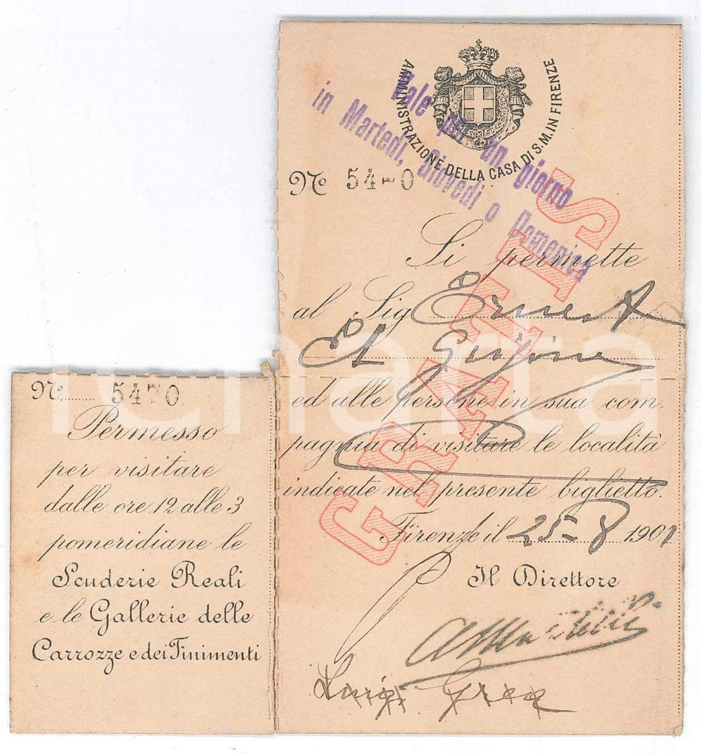 Oggetto da collezione cartaceo 1901 CASA DI S. M. in FIRENZE Permesso per visitare Scuderie Reali e Gallerie 1