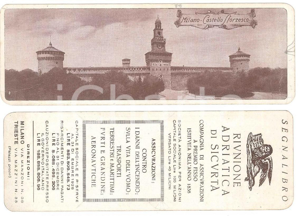 Oggetto da collezione cartaceo 1960 MILANO Castello Sforzesco RIUNIONE ADRIATICA DI SICURTÀ Segnalibro 17x6 cm 1