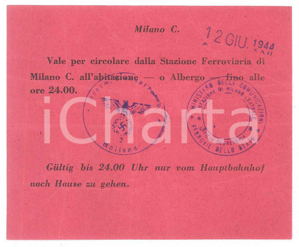 1944 MILANO Permesso di circolazione dopo il coprifuoco . Timbro WEHRMACHT