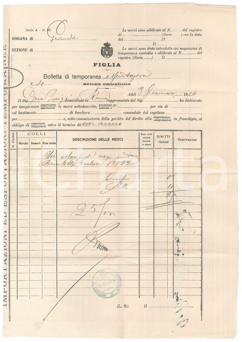 Documento originale, autentico 1914 Dogana di GRIMALDI IM Bolletta di temporanea esportazione per bici 1