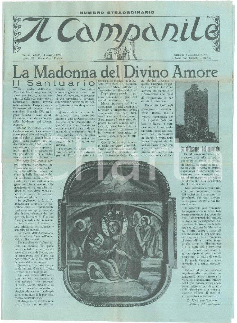 Giornale, rivista storica 1933 IL CAMPANILE Santuario Madonna del Divino Amore Giornale nÂ° straordinario 1