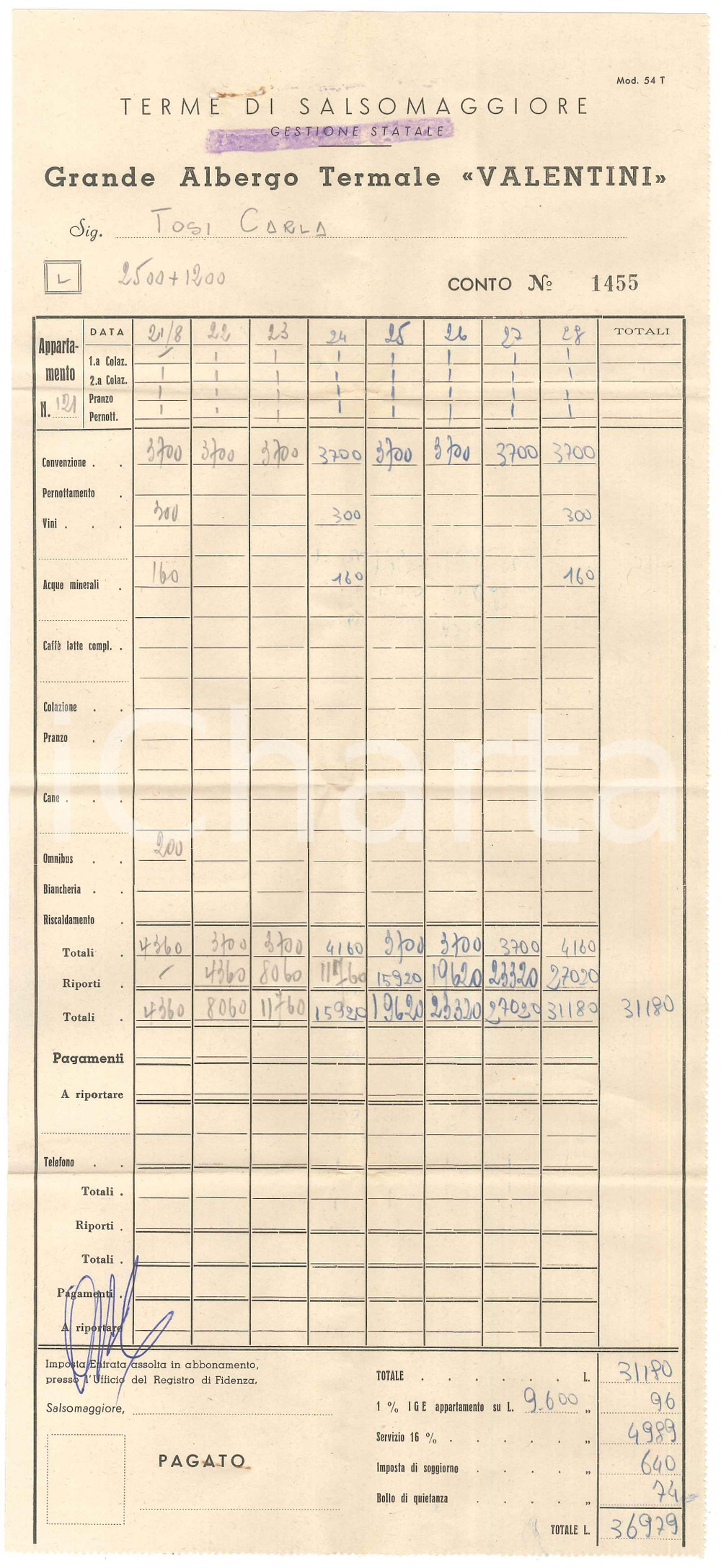 Documento originale, autentico 1960 ca SALSOMAGGIORE TERME Grande Albergo Termale VALENTINI Conto 1