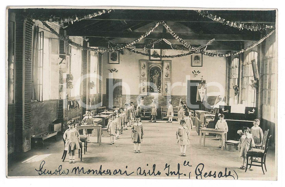 Fotografia d epoca originale 1920 ca GESSATE MI Scuola Montessori Asilo Infantile Foto RARA 14x9 cm 1