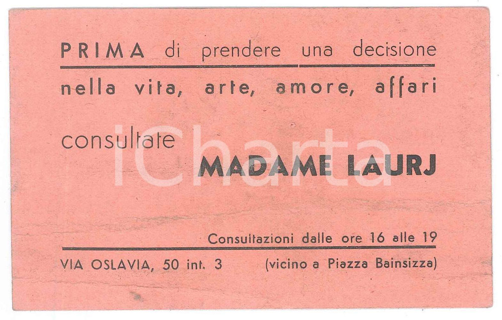 Oggetto da collezione cartaceo 1950 ca ROMA Via Oslavia MADAME LAURJ per oroscopi e consultazioni  Biglietto 1