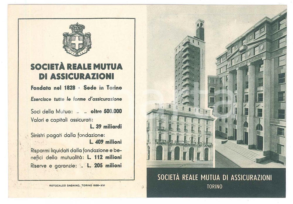 Oggetto da collezione cartaceo 1939 TORINO SocietÃ  Reale Mutua Assicurazioni  Calendario da taschino 1