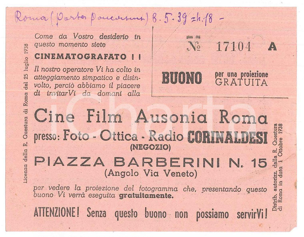 Oggetto da collezione cartaceo 1939 ROMA Foto Corinaldesi CINE FILM AUSONIA Buono per essere cinematografato 1