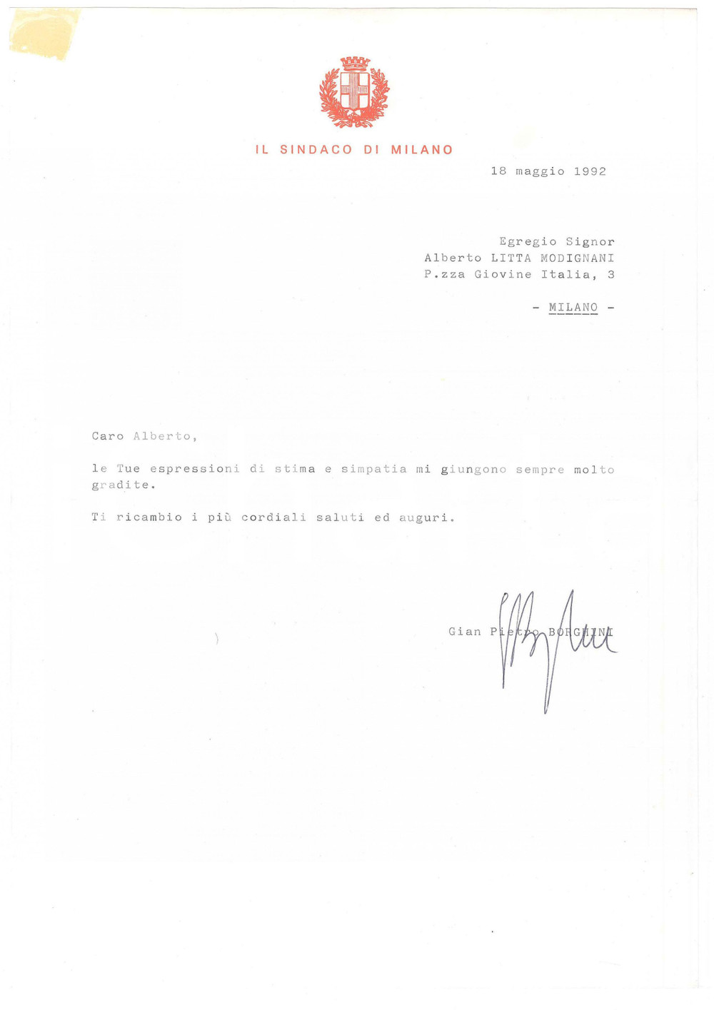 Autografo originale 1992 MILANO Lettera Giampiero BORGHINI sindaco  AUTOGRAFO 1