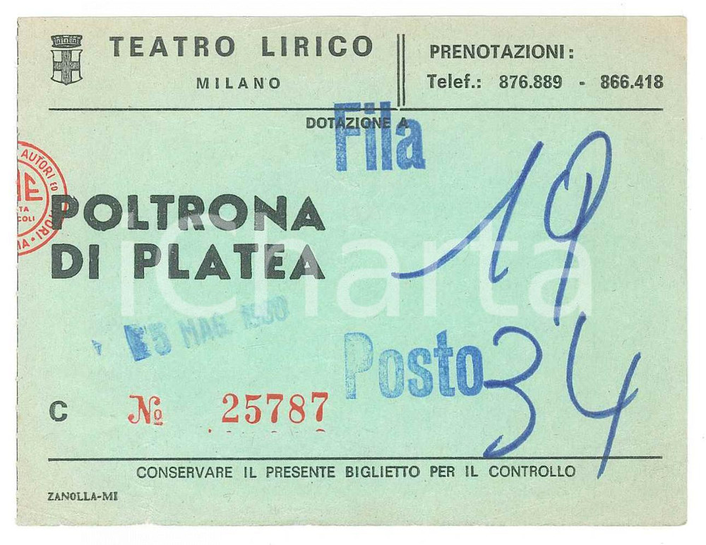 Materiale pubblicitario d’epoca 1980 MILANO TEATRO LIRICO Biglietto poltrona di platea  Fila 19 Posto 33 1
