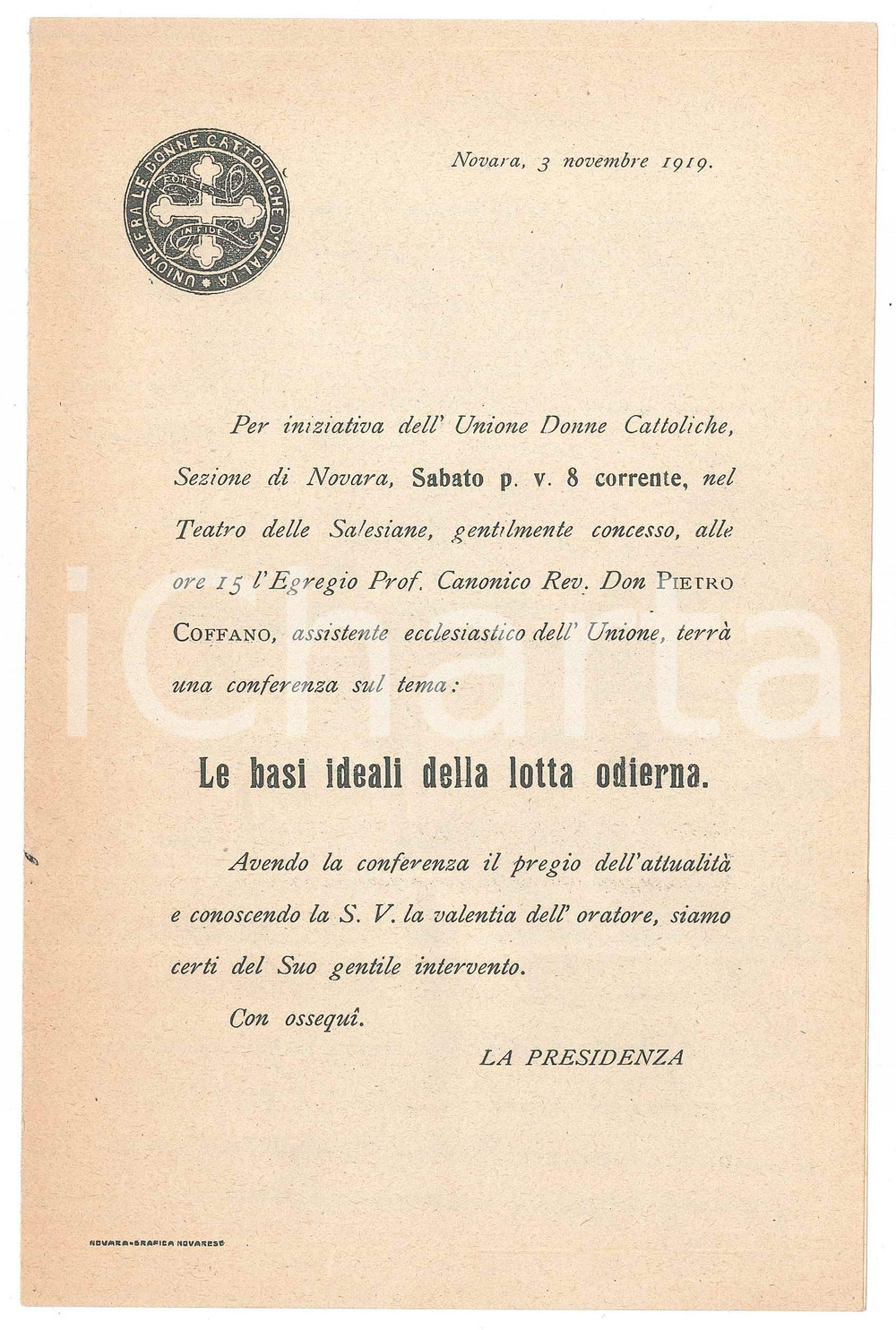Materiale pubblicitario d’epoca 1919 NOVARA Unione Donne Cattoliche  Invito conferenza don Pietro COFFANO 1