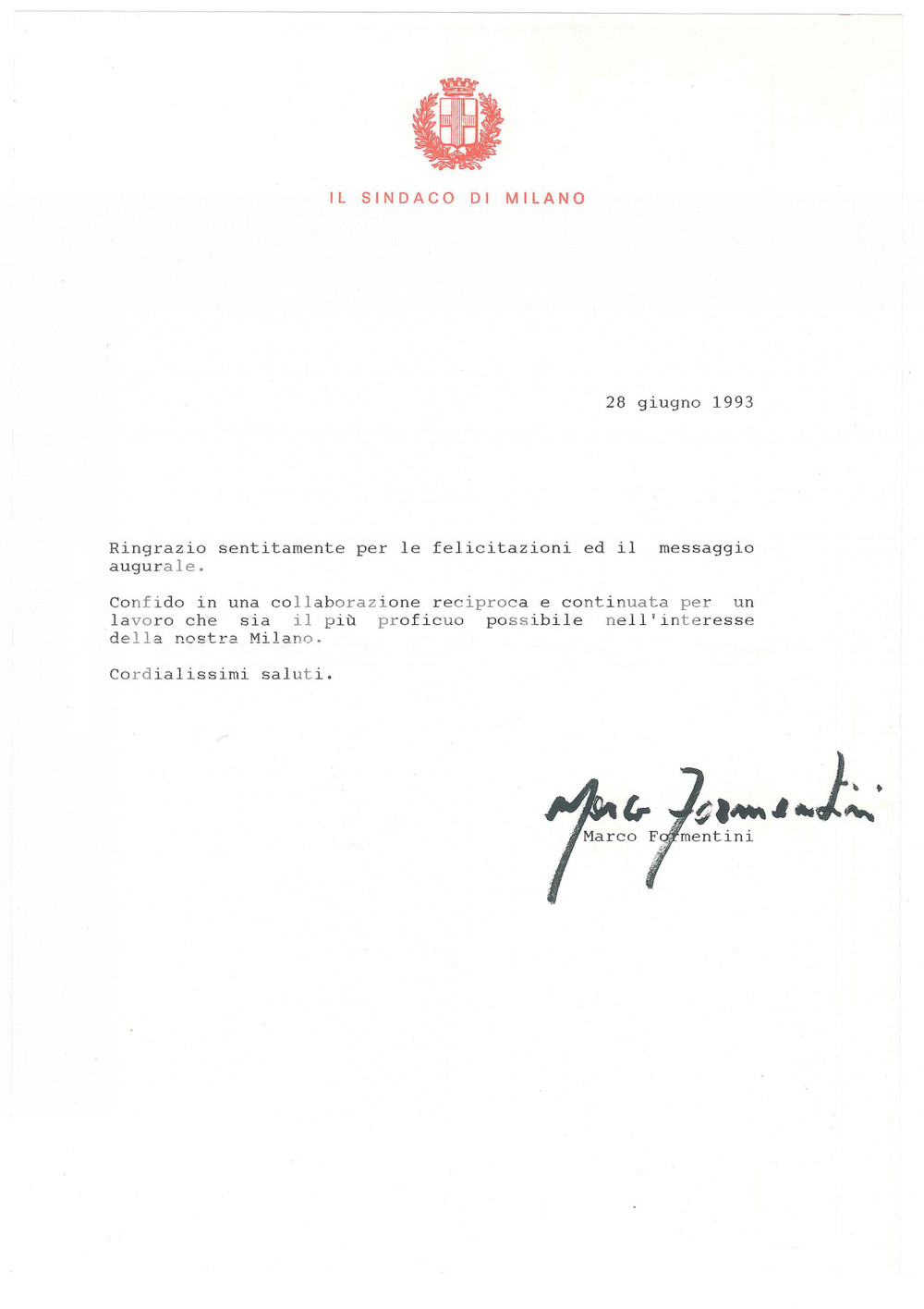 Autografo originale 1993 MILANO Lettera Marco FORMENTINI sindaco  AUTOGRAFO 1