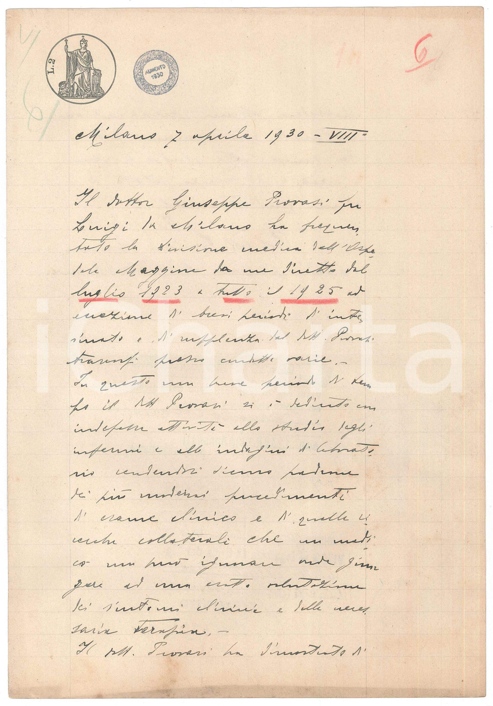 Documento originale, autentico 1930 MILANO Ospedale Maggiore  Certificato AUTOGRAFO prof. Ferruccio MARCORA 1