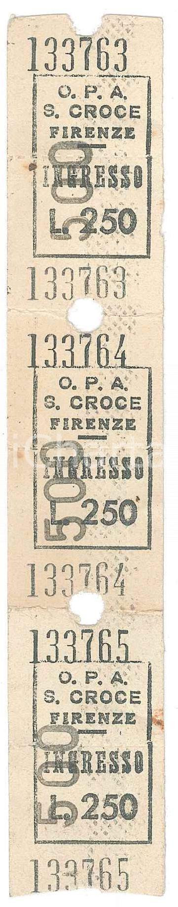 Oggetto da collezione cartaceo 1950 ca FIRENZE  O.P.A. Basilica di Santa Croce  3 biglietti d ingresso 2x15 1