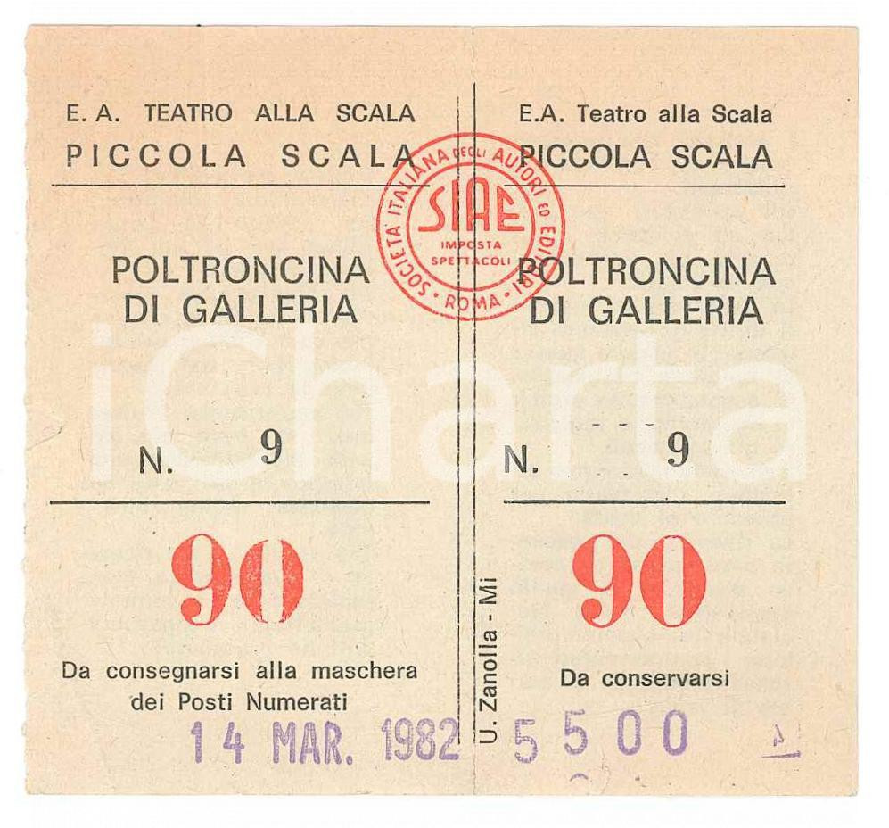 Oggetto da collezione cartaceo 1982 MILANO Teatro alla Scala PICCOLA SCALA Biglietto poltroncina di galleria 1