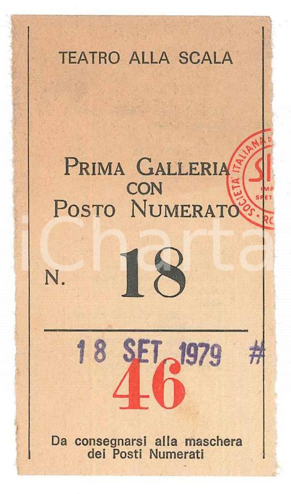 Oggetto da collezione cartaceo 1979 MILANO Teatro alla Scala  Biglietto prima galleria  Posto numerato 4x8 cm 1