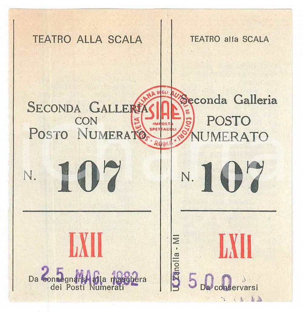Oggetto da collezione cartaceo 1982 MILANO Teatro alla Scala  Biglietto seconda galleria con posto numerato 1