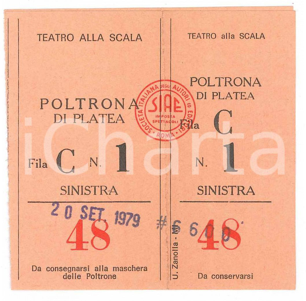 Oggetto da collezione cartaceo 1979 MILANO Teatro alla Scala  Biglietto poltrona di platea 7x7 cm 1