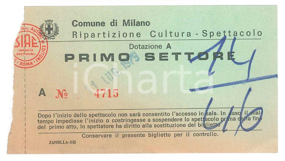 Oggetto da collezione cartaceo 1979 COMUNE DI MILANO Ripartizione cultura spettacolo  Biglietto 1° settore 1