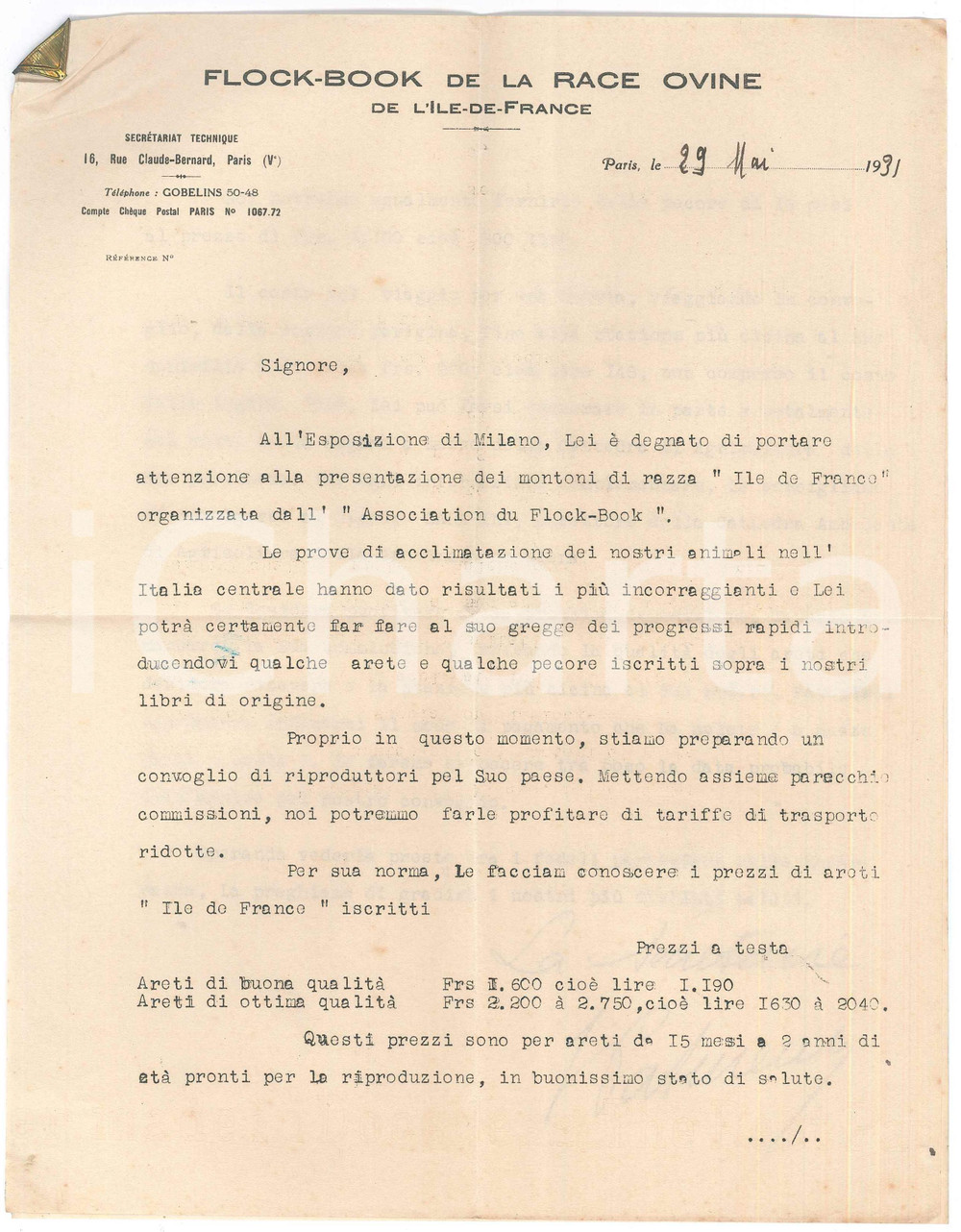 Manoscritto, lettera originale 1931 PARIS  FLOCKBOOK de la race ovine ILEDEFRANCE  Lettera commerciale 1