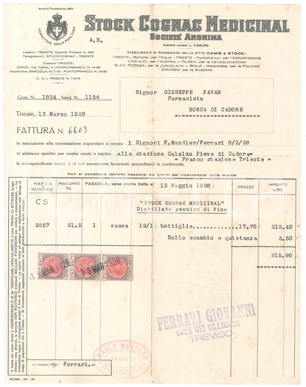 Documento originale, autentico 1928 TRIESTE  STOCK COGNAC MEDICINAL  Fattura distillato 1